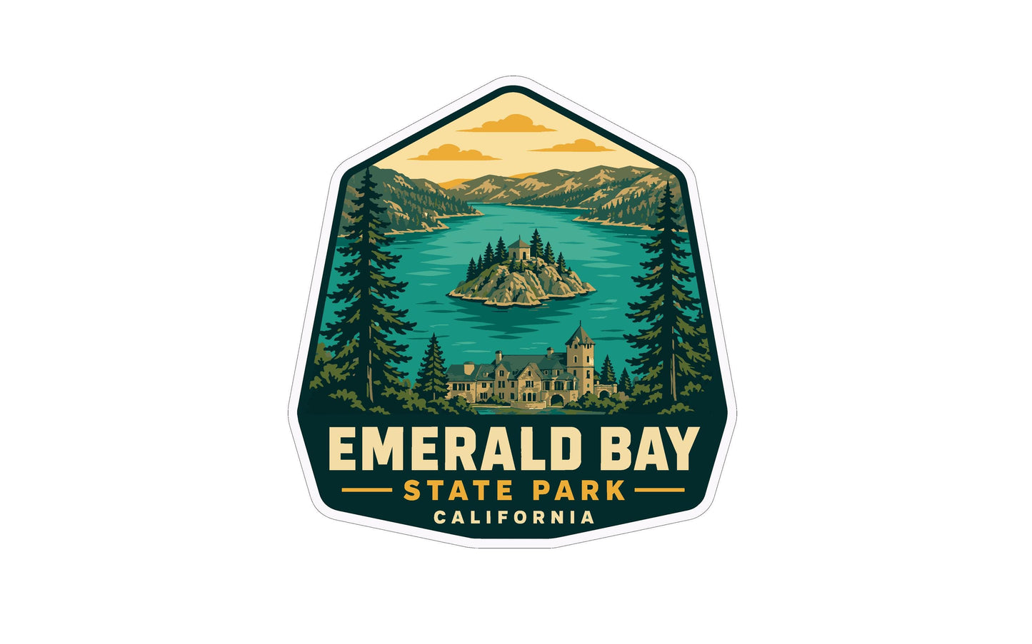 a sticker or emblem with a scenic landscape of Emerald Bay State Park in California.