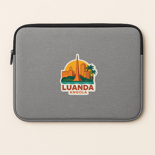 a gray laptop sleeve with a logo of Luanda, the capital city of Angola.