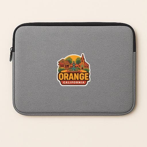 a gray laptop sleeve with a large, colorful sticker that says "Orange California".