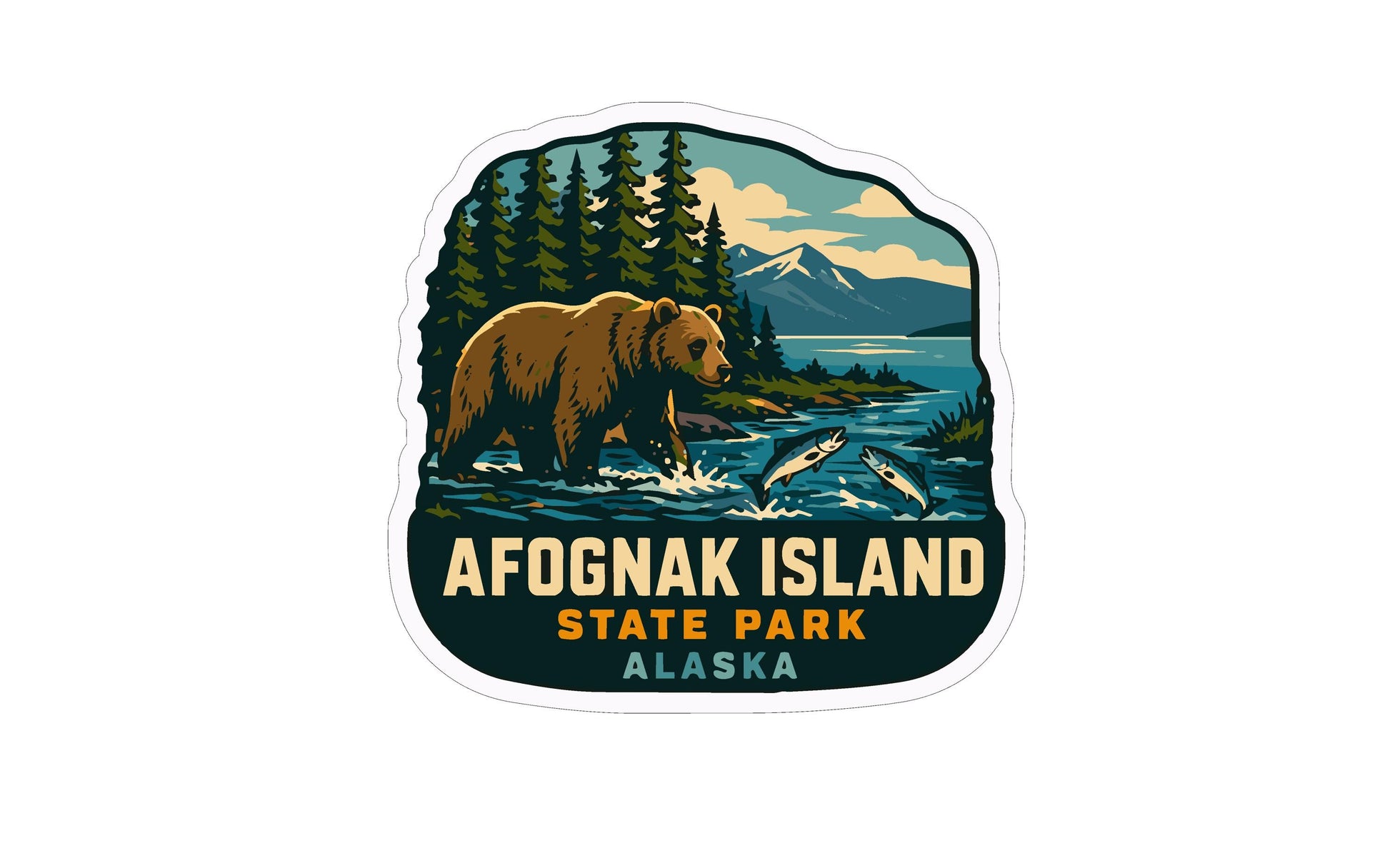 A sticker depicting a bear walking along a river with fish in the background, surrounded by pine trees and mountains, with the text "AFOGNAK ISLAND STATE PARK ALASKA" at the bottom.