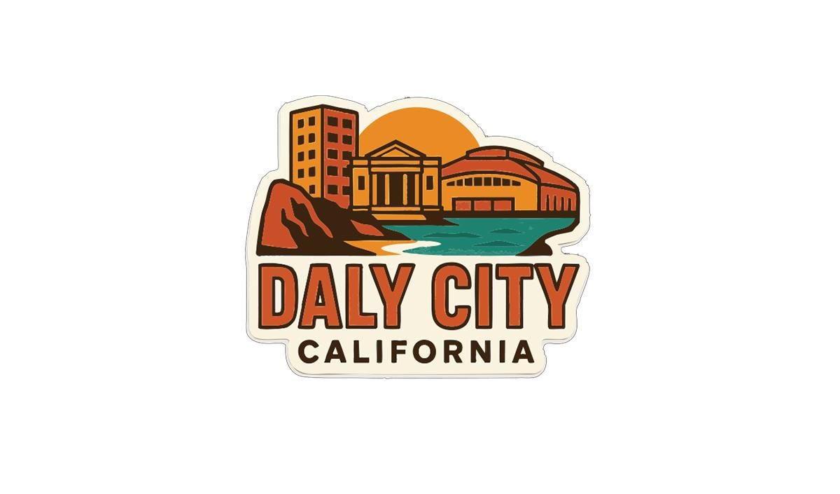 A sticker or logo depicting the city of Daly City, California, with a sunset in the background and buildings in the foreground.
