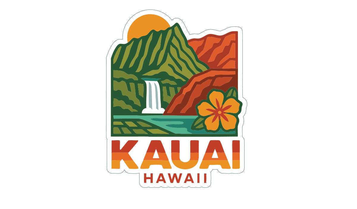 a colorful illustration of a tropical landscape with mountains, a waterfall, and a flower, along with the text "KAUAI HAWAII" prominently displayed.