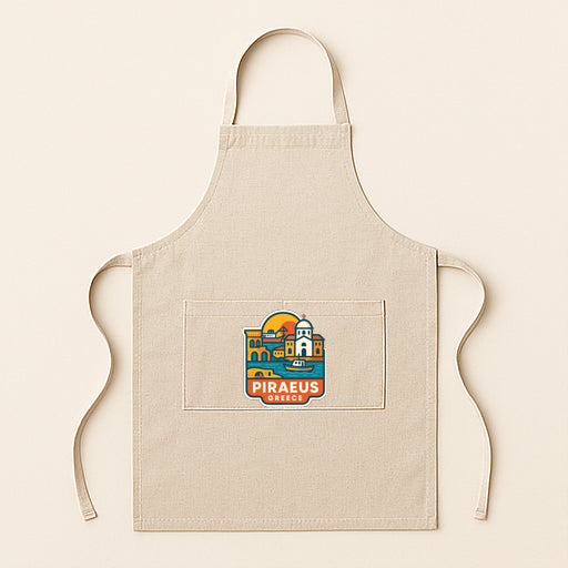 A beige apricot with a colorful logo on the front pocket.