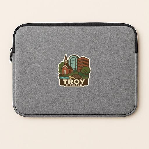 A gray laptop sleeve with a sticker depicting a cityscape and the text "Troy Michigan".