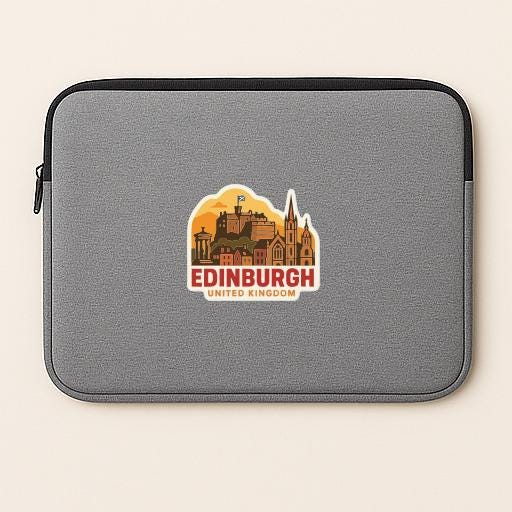 A gray laptop sleeve with a sticker depicting the skyline of Edinburgh, United Kingdom.