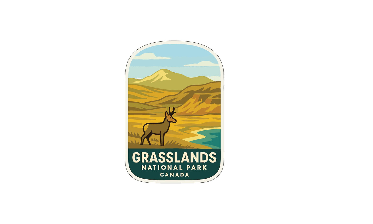 a label or logo for the Grasslands National Park in Canada, depicting a deer standing in a grassy field with mountains in the background.