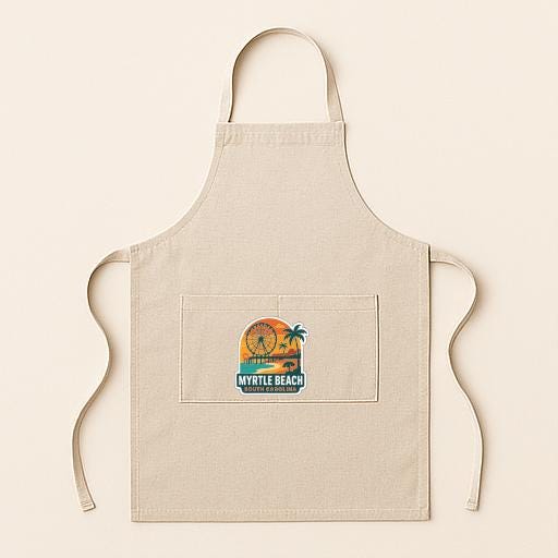 A beige apricot with a graphic design on the front pocket, featuring a beach scene with a palm tree and a sunset.