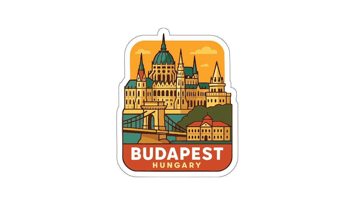 A sticker depicting the cityscape of Budapest, Hungary, with the text "BUDAPEST HUNGARY" prominently displayed.