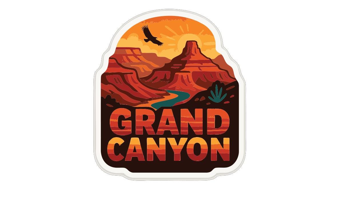 A stylized logo for the Grand Canyon, featuring a desert landscape with mountains, a river, and a bird in flight.