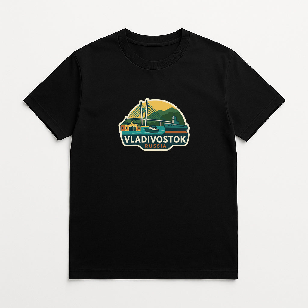 A black t-shirt with a graphic design depicting a bridge and mountains, along with the text "VLADIVOSTOK".