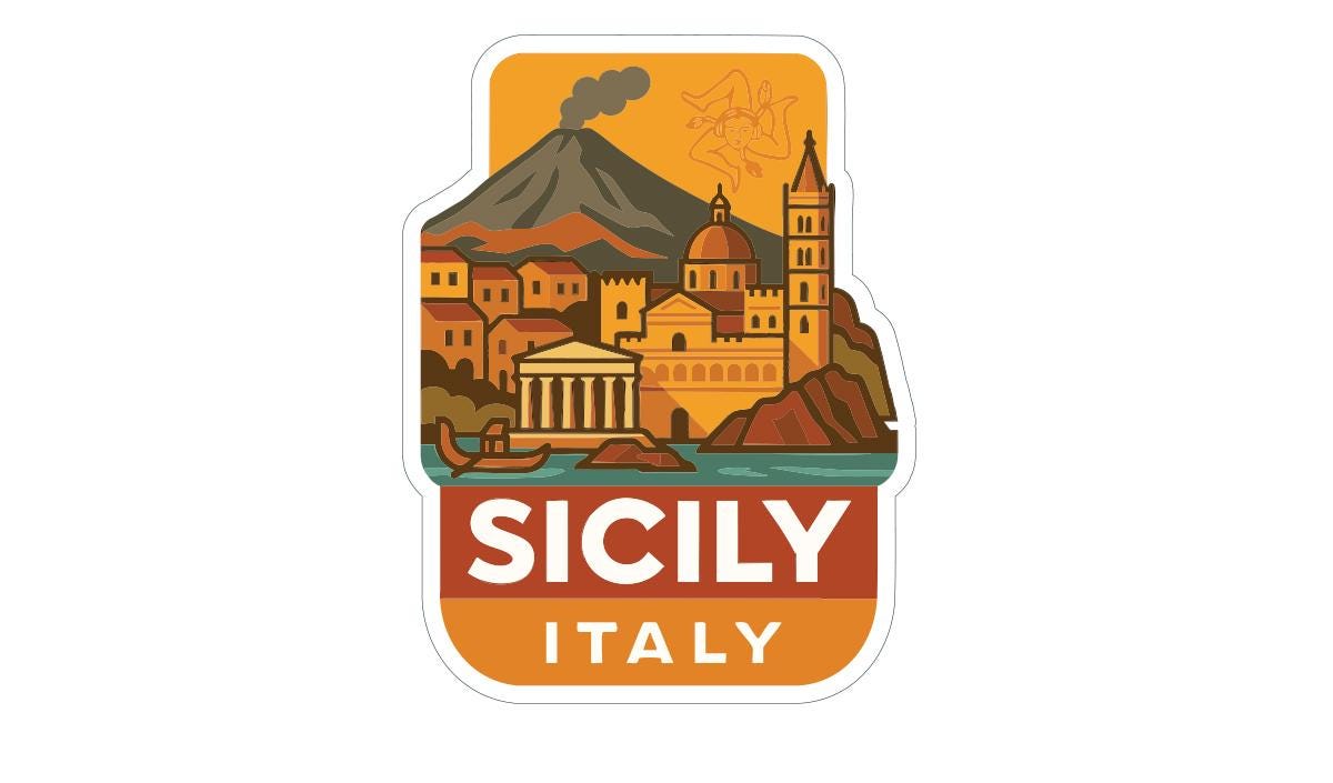 a sticker or label with an illustration of a cityscape and a mountain, along with the text "SICILY ITALY" prominently displayed.