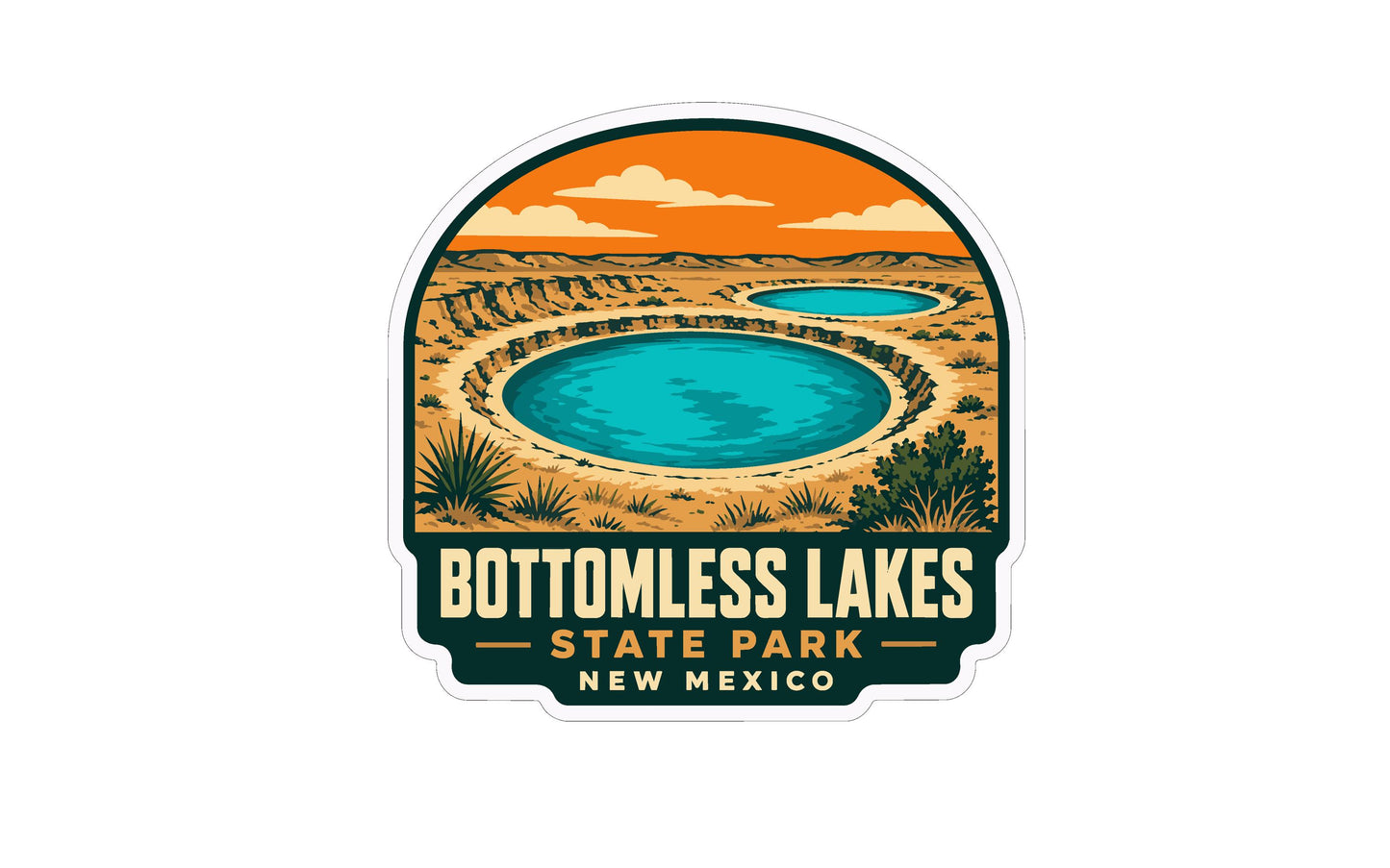 A sticker or emblem featuring a scenic landscape with a large lake or pond, surrounded by desert terrain and a cloudy sky. The text "BOTTOMLESS LAKES STATE PARK NEW MEXICO" is prominently displayed, indicating the location of the landmark.