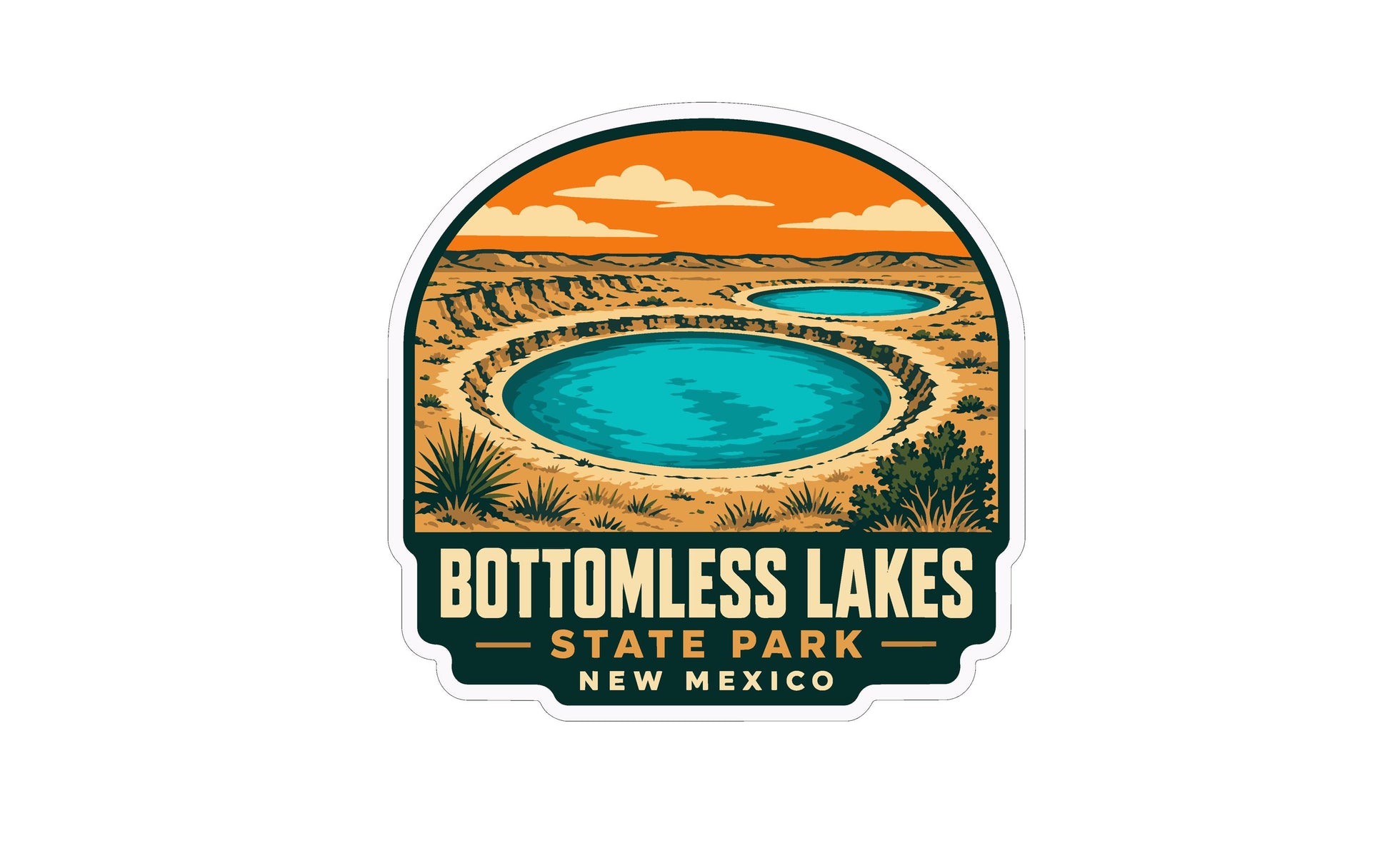 A sticker or emblem featuring a scenic landscape with a large lake or pond, surrounded by desert terrain and a cloudy sky. The text "BOTTOMLESS LAKES STATE PARK NEW MEXICO" is prominently displayed, indicating the location of the landmark.