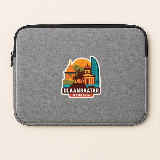 A gray laptop sleeve with a sticker depicting the city of Ulaanbaatar, Mongolia.