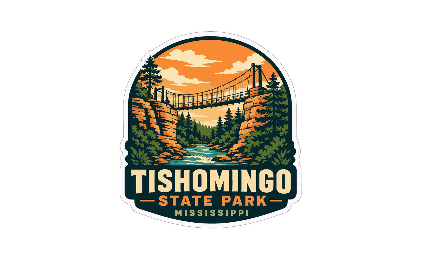 A sticker or emblem featuring a suspension bridge over a river, surrounded by trees and mountains, with the text "Tishomingo State Park - Mississippi" prominently displayed.
