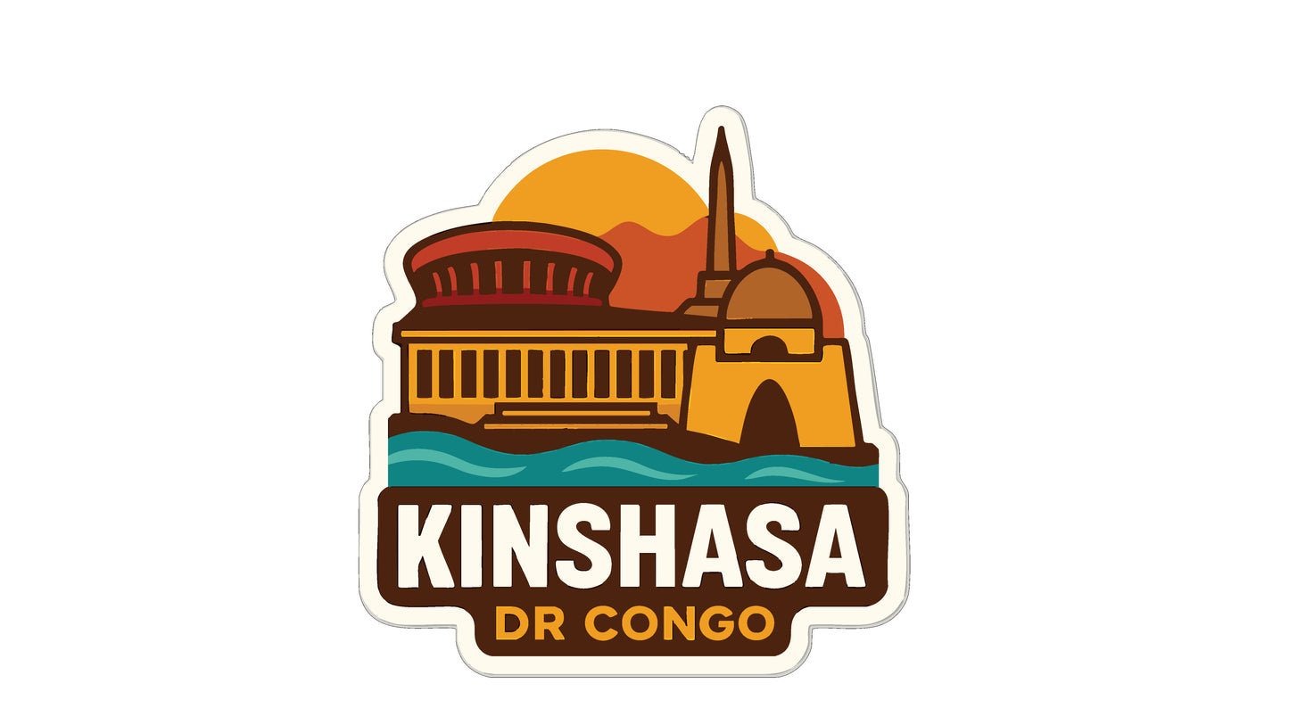 a stylized illustration of a building with a dome, set against a sunset backdrop, accompanied by the text "KINSHASA DR CONGO".