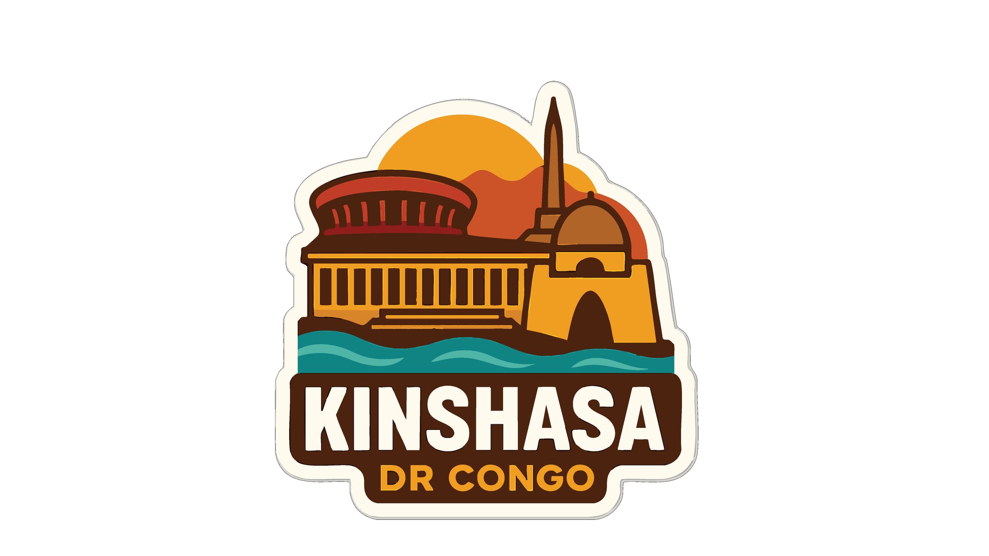 a stylized illustration of a building with a dome, set against a sunset backdrop, accompanied by the text "KINSHASA DR CONGO".