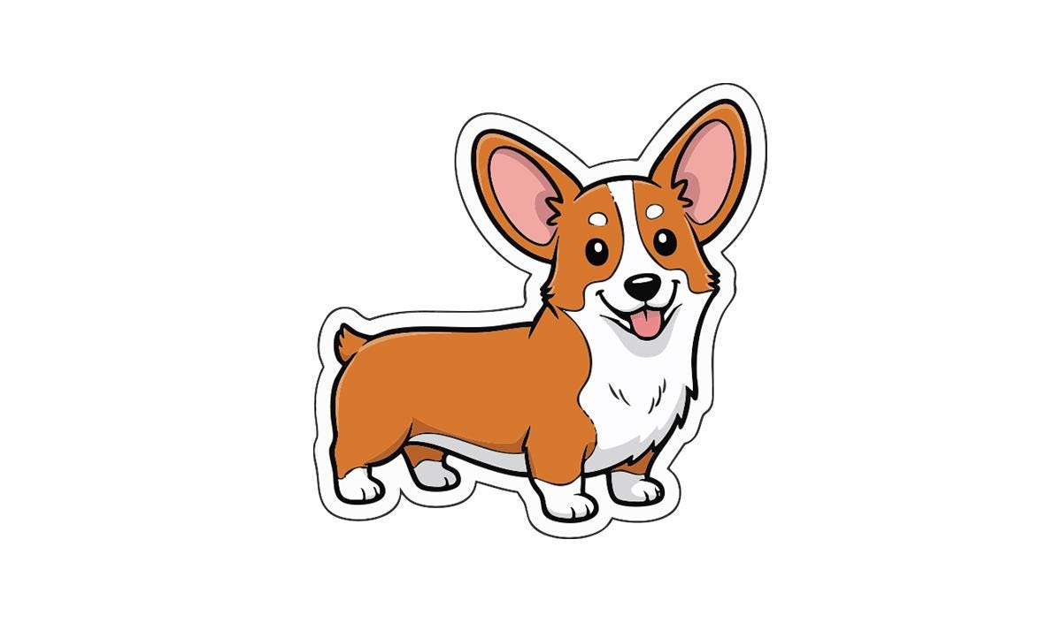 A cartoon illustration of a brown and white corgi dog with large ears and a happy expression.