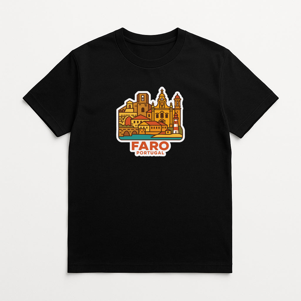 A black t-shirt with a graphic design depicting a cityscape in a stylized, colorful style.