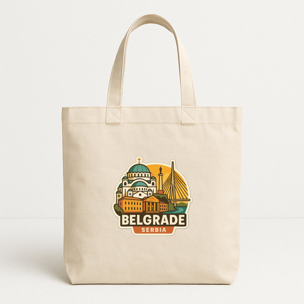 A beige tote bag with a printed design of Belgrade, Serbia, featuring a cityscape and a bridge.