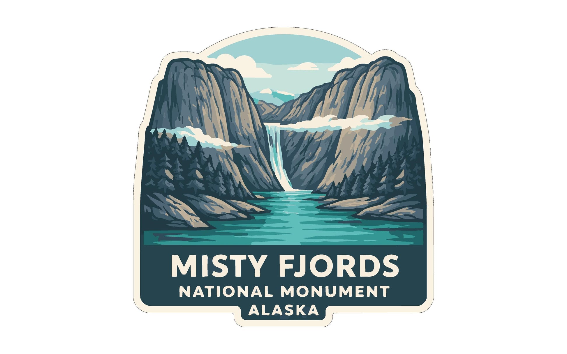 a stylized illustration of Misty Fjords National Monument in Alaska, depicting a waterfall surrounded by mountains and a lake.