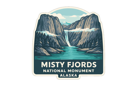 a stylized illustration of Misty Fjords National Monument in Alaska, depicting a waterfall surrounded by mountains and a lake.