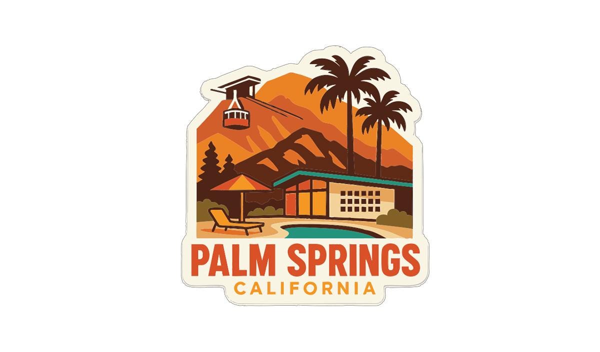 A sticker depicting a tropical resort scene with palm trees, a swimming pool, and a gondola, with the text "PALM SPRINGS, CALIFORNIA" prominently displayed.
