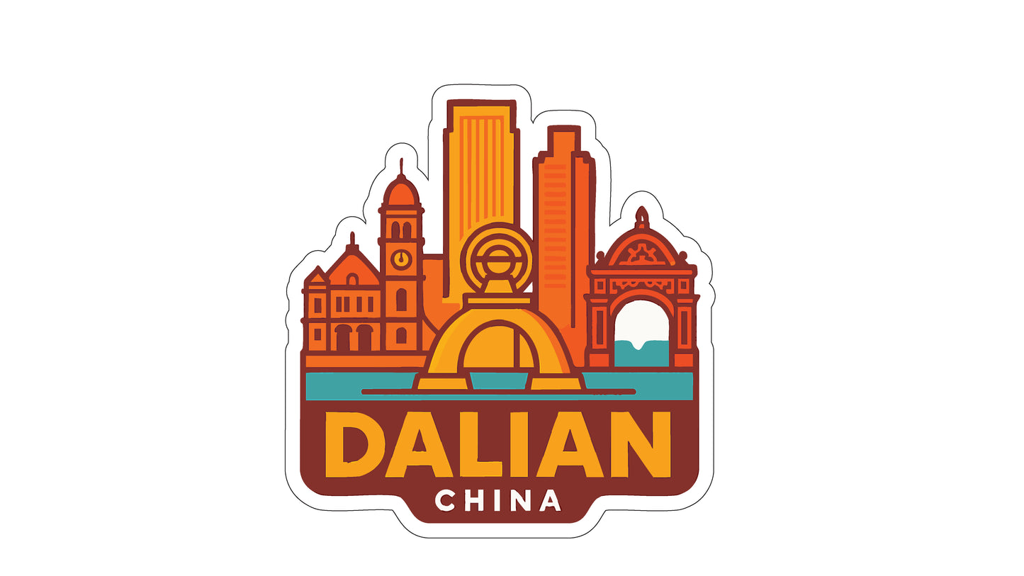 a stylized cityscape of Dalian, China, with various architectural elements such as buildings, domes, and arches.