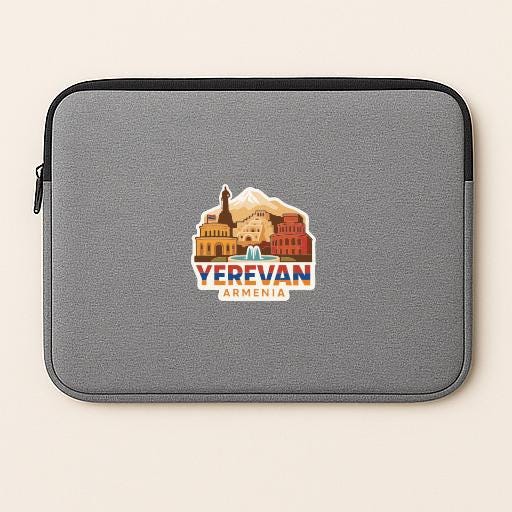 a gray laptop sleeve with a colorful graphic of a cityscape and the text "Yerevan Armenia" printed on it.
