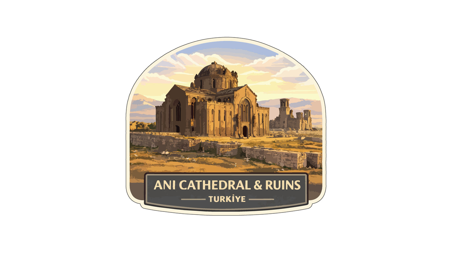 the Ani Cathedral and Ruins in Turkey, with a large cathedral structure and smaller ruins in the background.