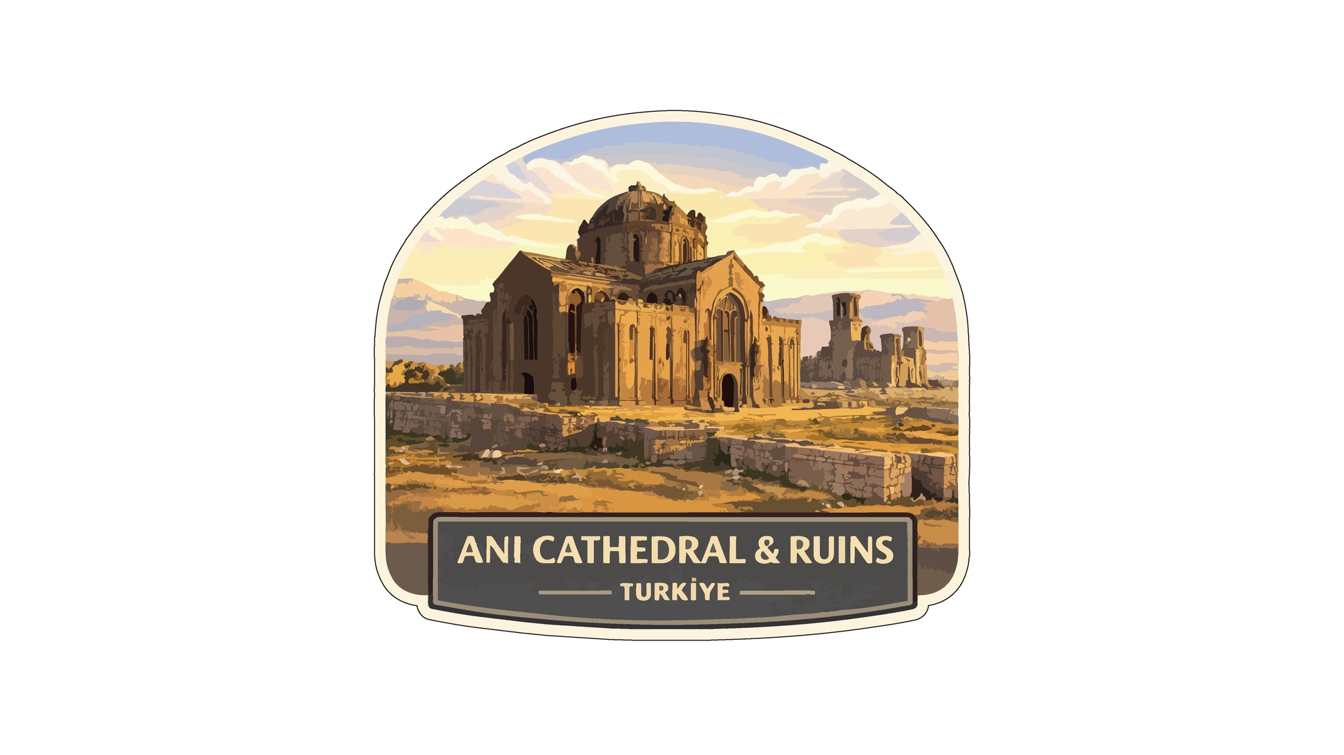 the Ani Cathedral and Ruins in Turkey, with a large cathedral structure and smaller ruins in the background.