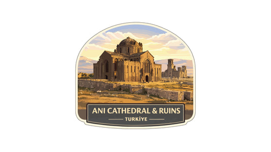 the Ani Cathedral and Ruins in Turkey, with a large cathedral structure and smaller ruins in the background.
