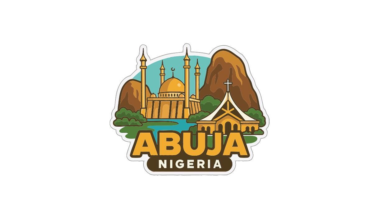 a stylized illustration of Abuja, Nigeria, with various landmarks and buildings depicted, including a mosque, mountains, and a church.