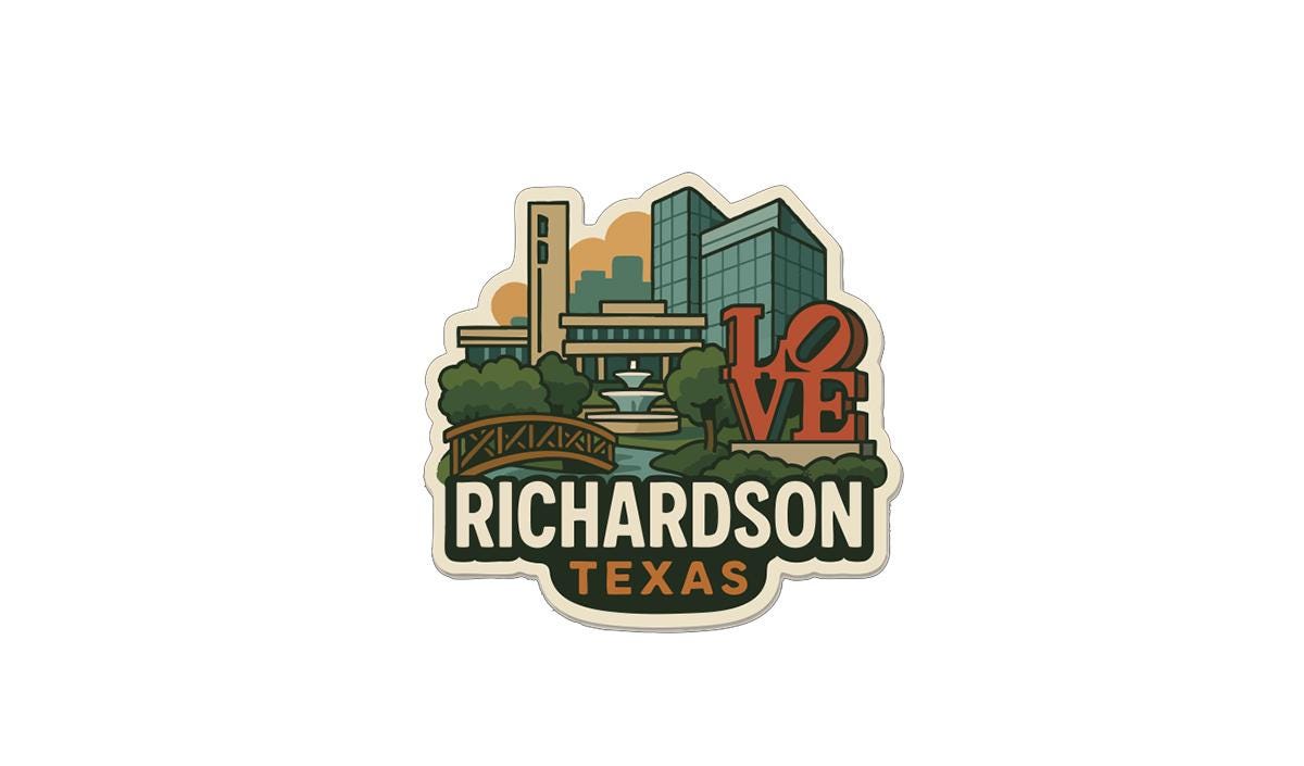 A sticker or emblem featuring the city of Richardson, Texas, with various landmarks and elements such as a bridge, buildings, and a large "LOVE" sign.