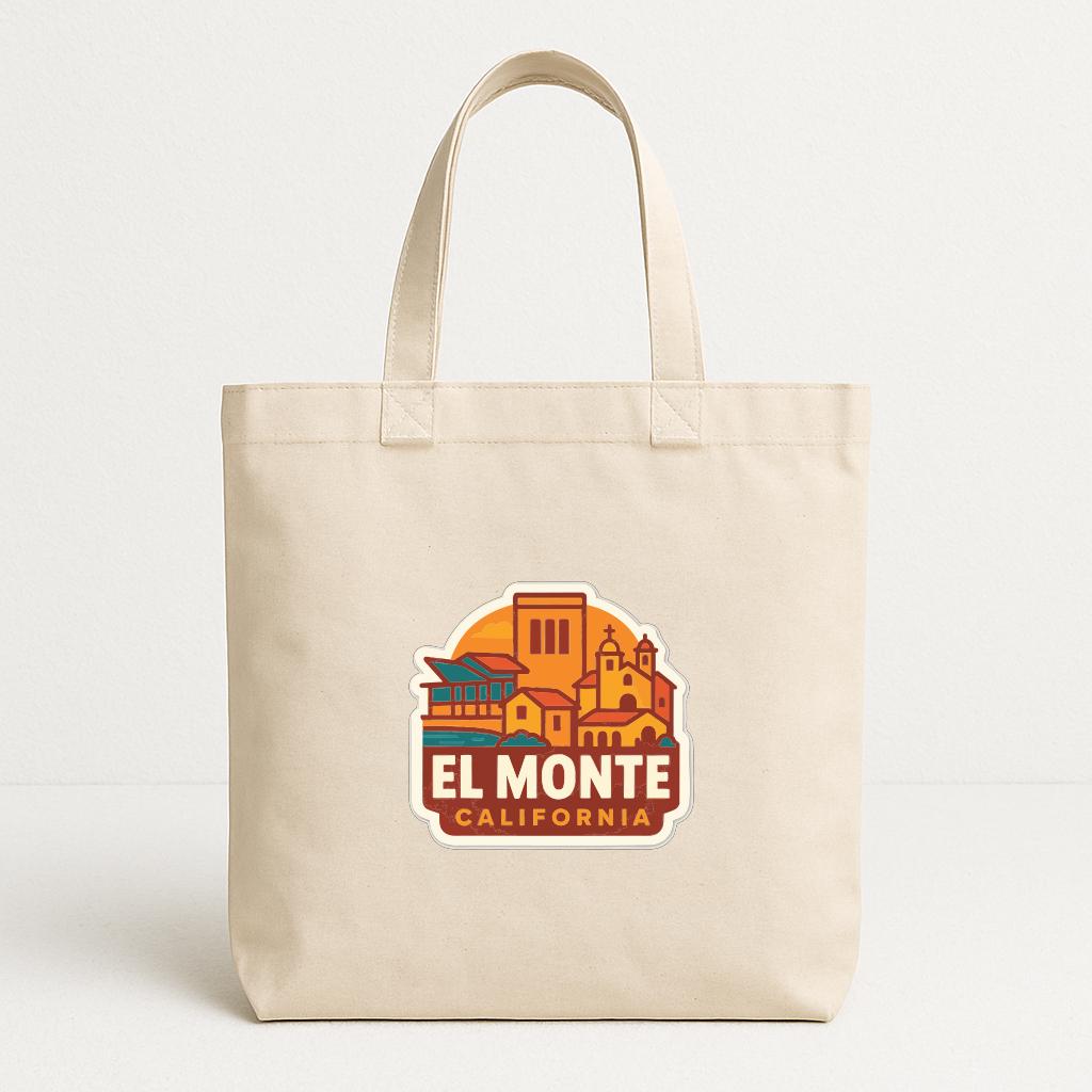 A beige tote bag with a printed logo that says "EL MONTE CALIFORNIA".
