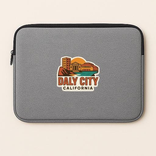 A gray laptop sleeve with a graphic design featuring a cityscape and the text "Daly City, California".