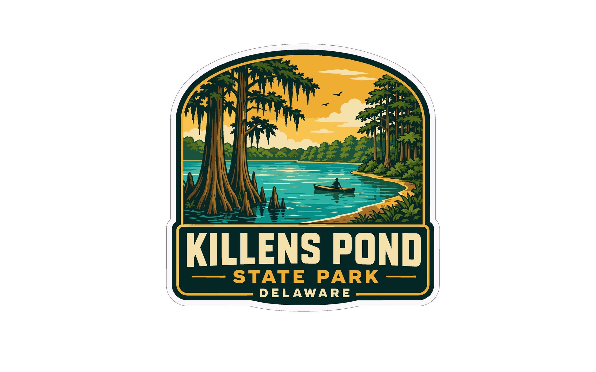 A sticker or emblem depicting a scenic landscape with a lake, trees, and a person in a canoe, with the text "KILLEN'S POND STATE PARK DELAWARE" prominently displayed.