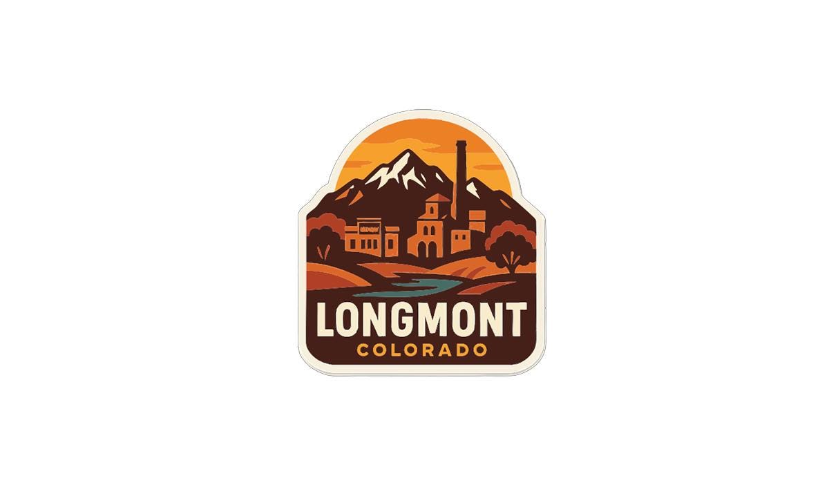 A vintage-style logo depicting a mountain landscape with a town in the background, along with the text "LONGMONT COLORADO".