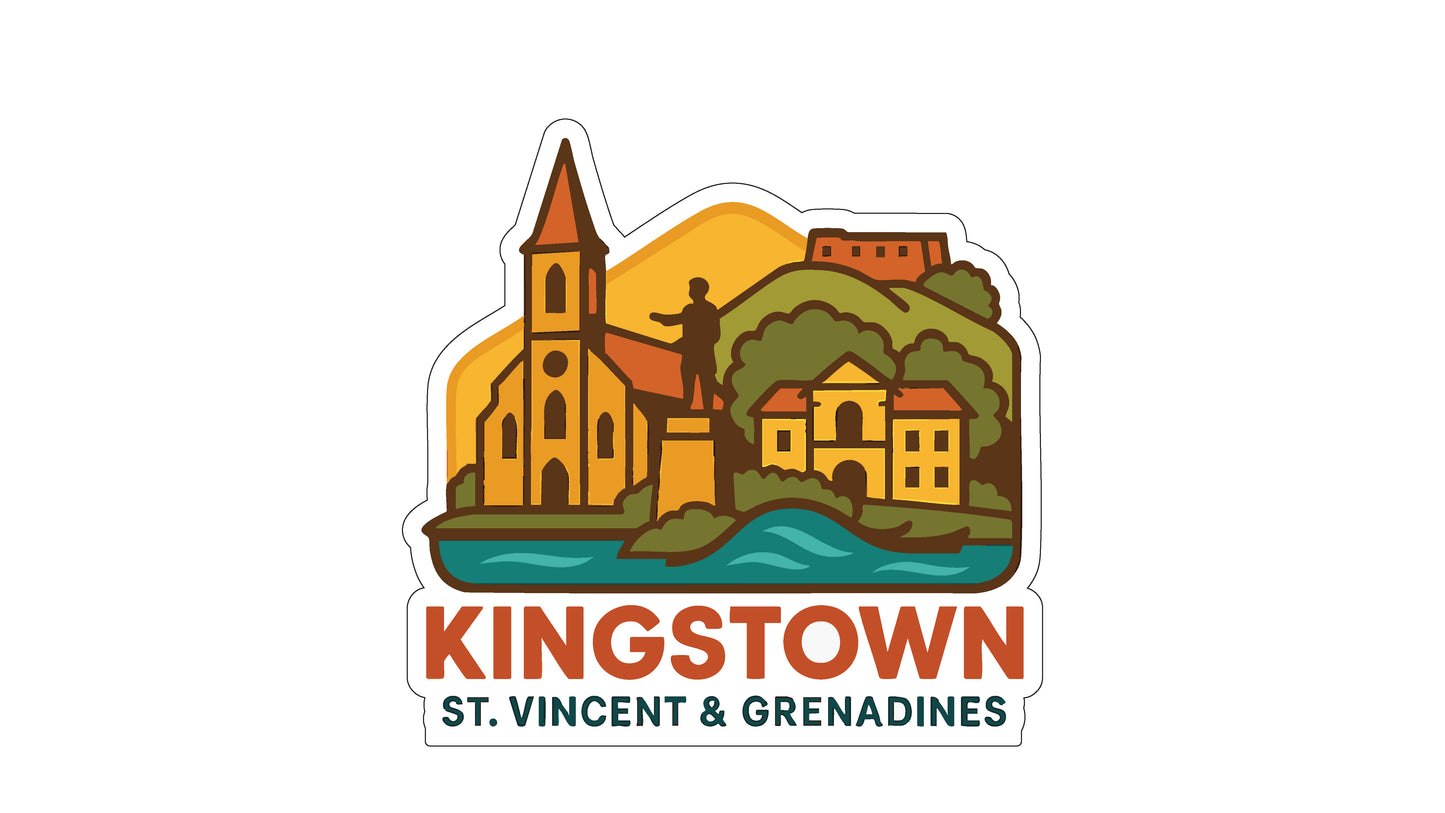 a stylized illustration of St. Vincent and Grenadines, with a church, buildings, and a river.