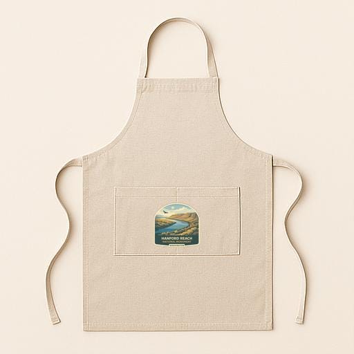 A beige apricot with a small graphic of a beach and a river on the front pocket.