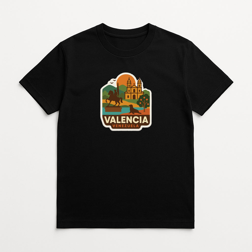 A black t-shirt with a graphic design depicting a scenic view of ValENCIA, Venezuela.