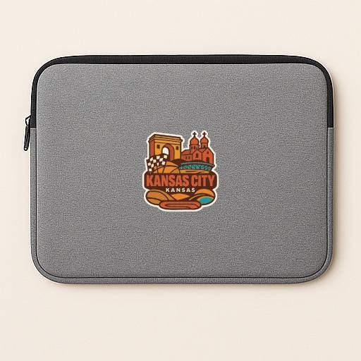 A gray laptop sleeve with a colorful graphic of the Kansas City skyline and the text "KANSAS CITY KANSAS" printed on it.