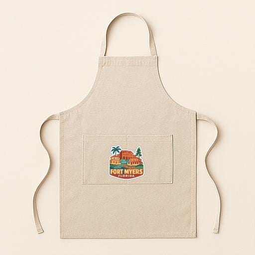 A beige apricot with a graphic design on the front pocket, featuring a tropical scene with palm trees and a building.