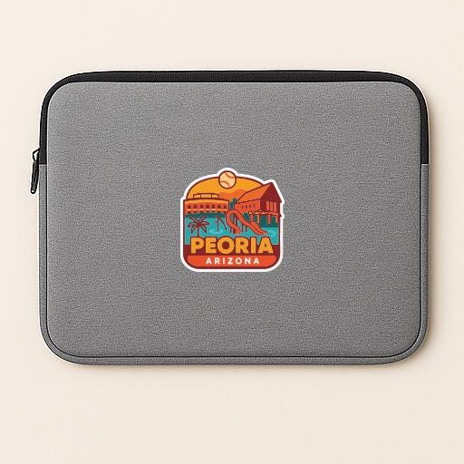 a gray laptop sleeve with a colorful patch that says "Peoria, Arizona".