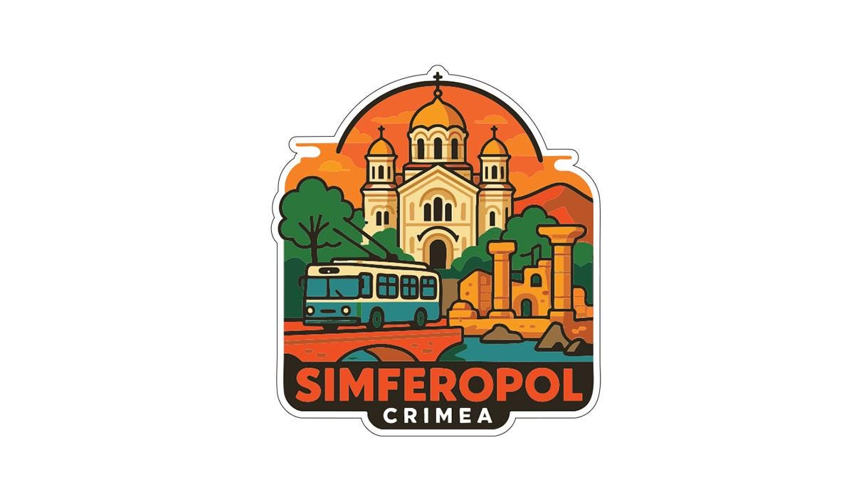 a sticker or emblem with a stylized illustration of a cityscape, including a church, a bus, and other architectural elements. The text "SIMFEROPOL CRIMEA" is prominently displayed, indicating the location or name of the city.