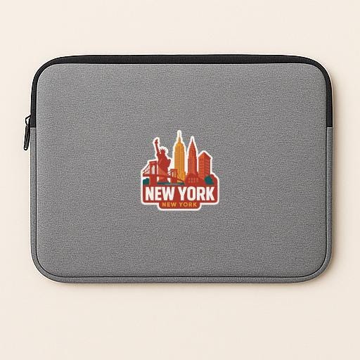 A gray laptop sleeve with a New York City skyline sticker printed on it.