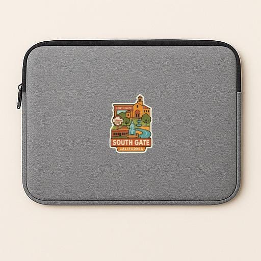 A gray laptop sleeve with a South Gate, California-themed patch on it.