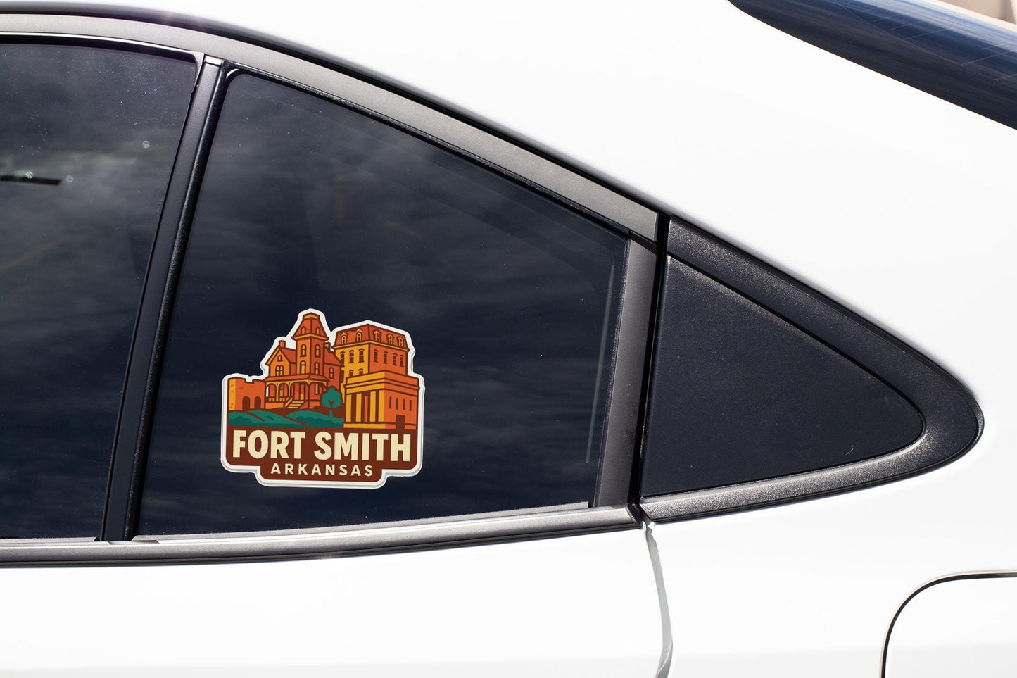 A sticker on the side of a car window, depicting a building with a sign that says "Fort Smith Arkansas".