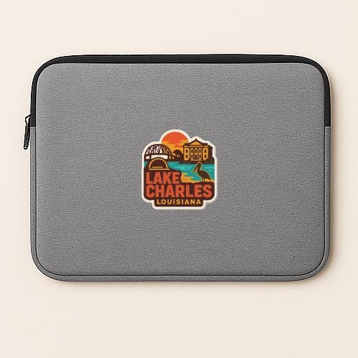 A gray laptop sleeve with a logo for Lake Charles, Louisiana.