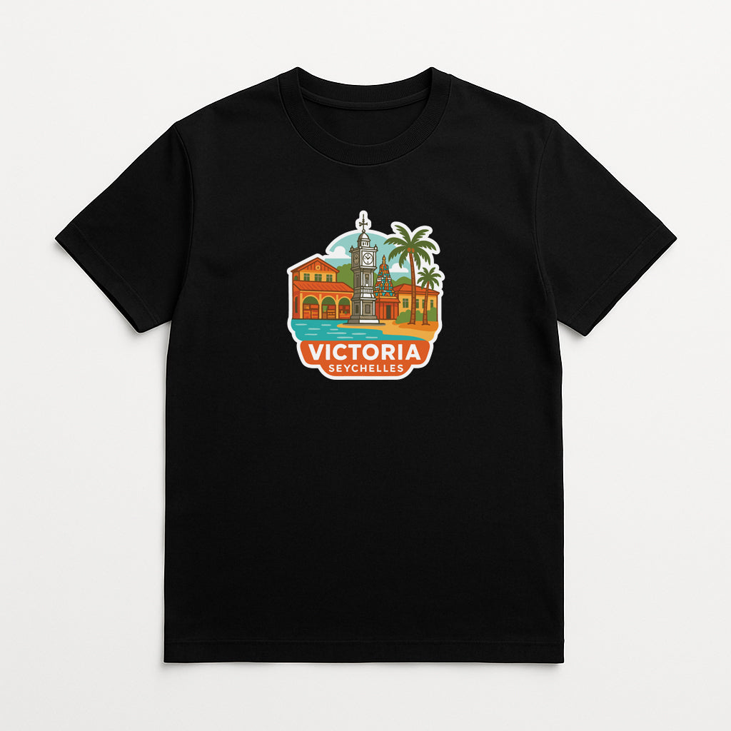 A black t-shirt with a colorful graphic design depicting a cityscape and the text "VICTORIA SEYCHELLES".